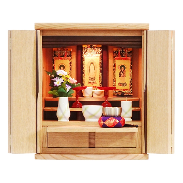 【仏壇】 モダンコンパクト仏壇(M) 16号 グルーブ タモ(ライト色) ご本尊・お仏具セット付