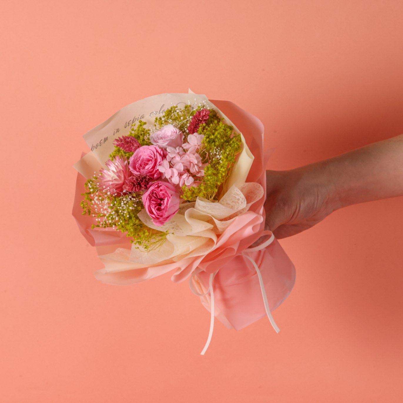 完売にて受注生産　プロテア紫陽花ブーケ MP07② マカローニュ ～自立するスタンディングブーケ～ パープル