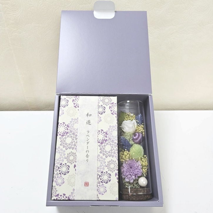 お悔やみのお花 《天道 パープル》 線香セット プリザーブドフラワーお供え   ｜雑貨04-PA