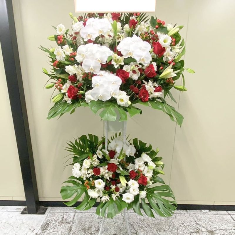 商品サムネイル: 【モンステラ入り】お祝いスタンド花2段　50000円