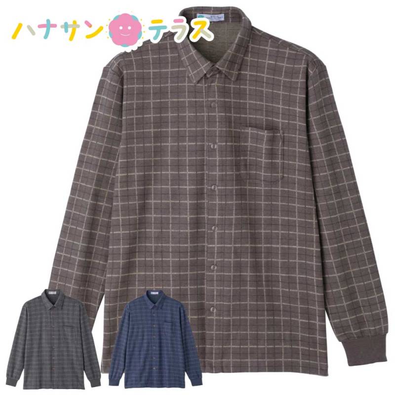 起毛斜め釦ホールニットシャツ M L 紳士