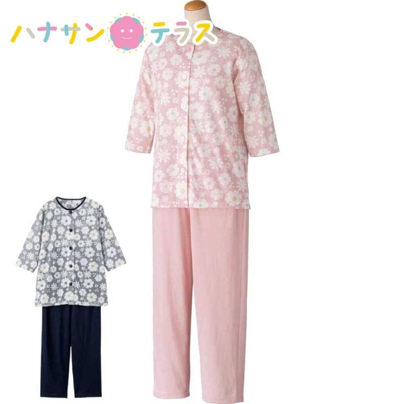 大きめボタン天竺七分袖パジャマ M L LL レディース 婦人 用
