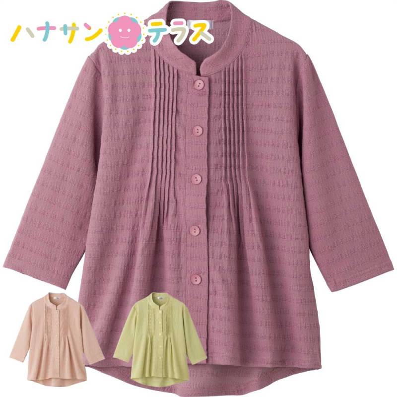 7分袖斜め釦ホールピンタックブラウス M~L LL レディース 婦人 用　　