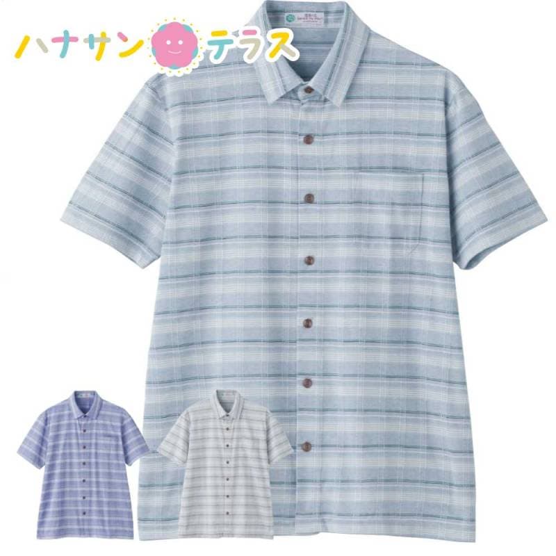 麻混斜め釦ホール半袖ニットシャツ M L メンズ 紳士 用　　