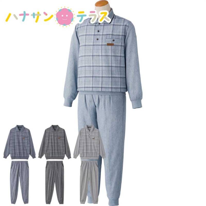 麻混楊柳ポロ衿上下スーツ M L LL メンズ 紳士 用　　