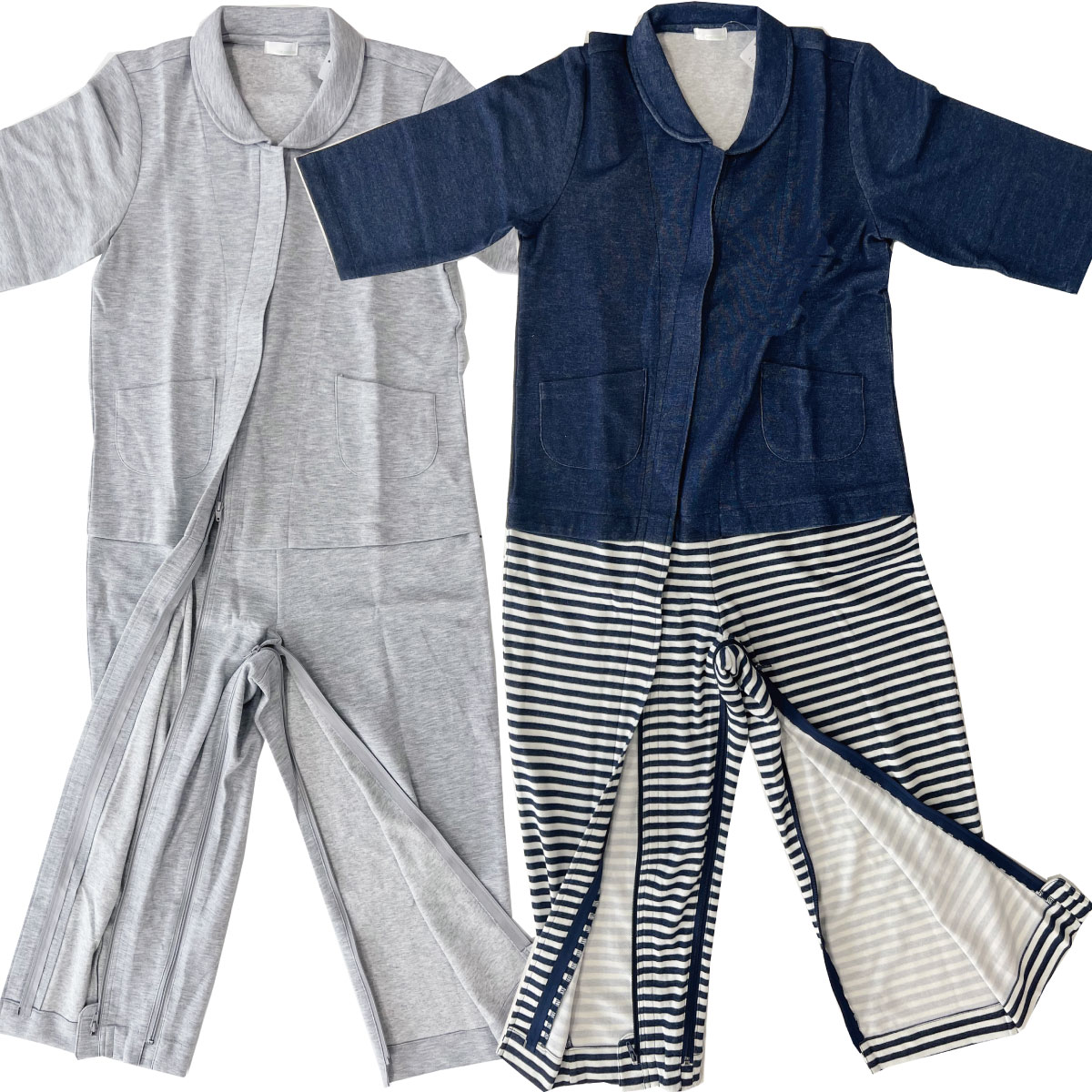 介護用つなぎ服 赤と青のチェック 2点セット 介護 つなぎ ファスナー 綿混 男女兼用 (S M L LL) | 男性用衣類