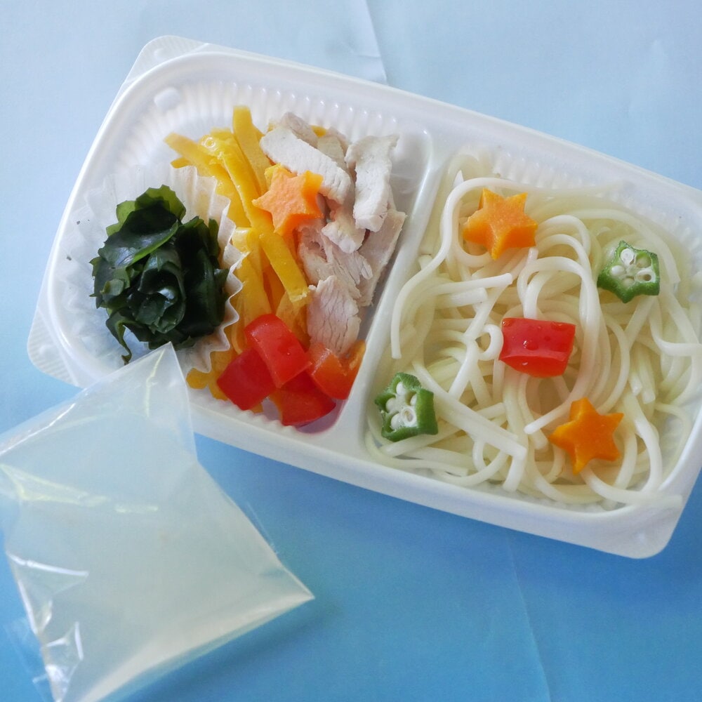 無塩うどん 無添加 「 冷やし中華 」塩不使用の麺に鹿肉の出し汁をベースに鶏むね肉、鶏卵が入ってワンちゃんネコちゃん大喜び♪　お野菜も人参、パプリカ、オクラ、わかめ等、夏場の栄養補給を考えたごはんです♪