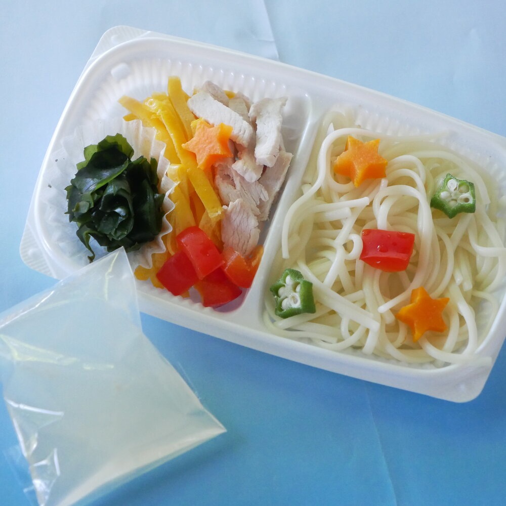 無塩うどん 無添加 「 冷やし中華 」塩不使用の麺に鹿肉の出し汁をベースに鶏むね肉、鶏卵が入ってワンちゃんネコちゃん大喜び♪ お野菜も人参、パプリカ、オクラ、わかめ等、夏場の栄養補給を考えたごはんです♪