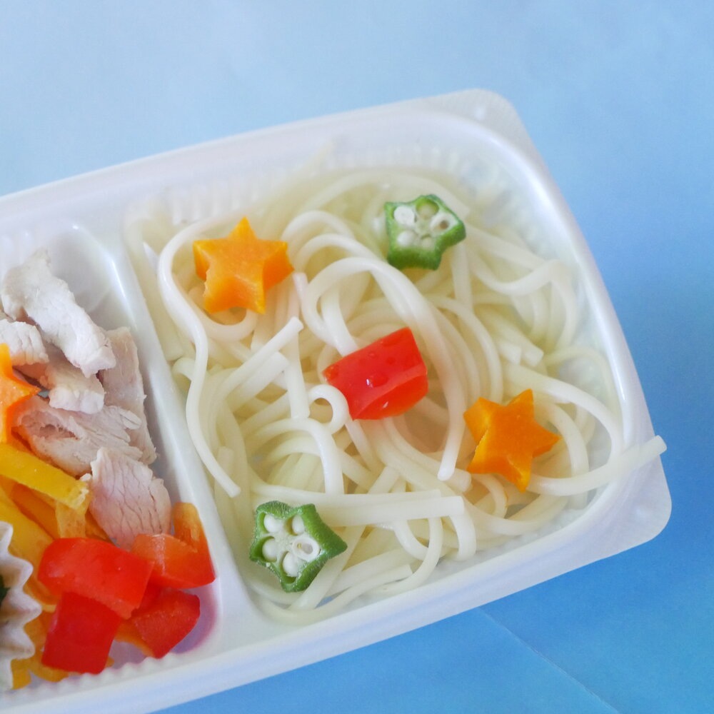 無塩うどん 無添加 「 冷やし中華 」塩不使用の麺に鹿肉の出し汁をベースに鶏むね肉、鶏卵が入ってワンちゃんネコちゃん大喜び♪ お野菜も人参、パプリカ、オクラ、わかめ等、夏場の栄養補給を考えたごはんです♪