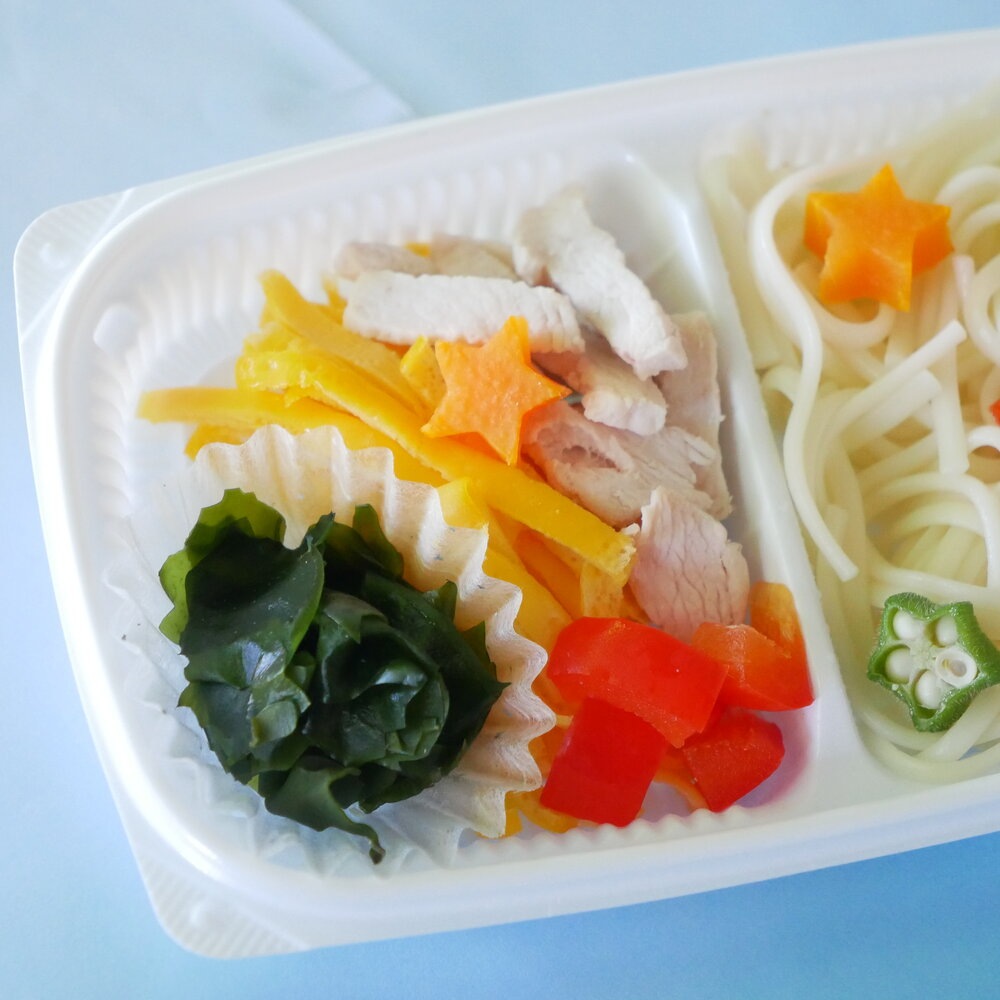 無塩うどん 無添加 「 冷やし中華 」塩不使用の麺に鹿肉の出し汁をベースに鶏むね肉、鶏卵が入ってワンちゃんネコちゃん大喜び♪　お野菜も人参、パプリカ、オクラ、わかめ等、夏場の栄養補給を考えたごはんです♪