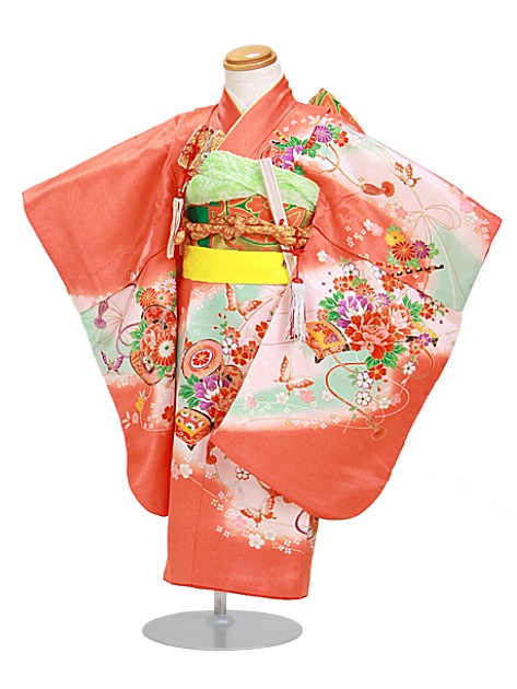 七五三 レンタル 女の子/3歳 七五三着物 朱色/小花つづみ〔身長：94cm,96cm〕卒園式 結婚式 NT-337|七五三レンタル-女の子