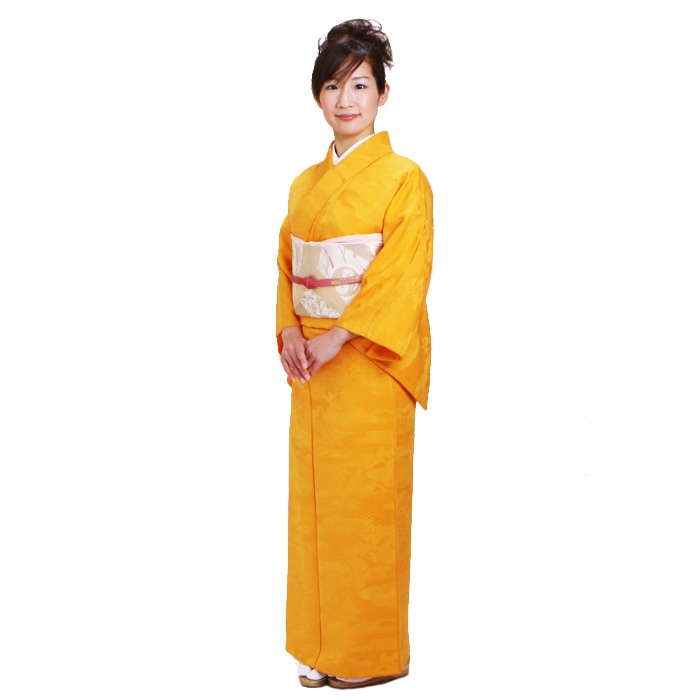 単衣　色無地　着物単品　正絹　クリームイエロー　遠州椿　N2 KIMONOMACHI 洗える着物 色無地 単衣 レディース 仕立て上がり