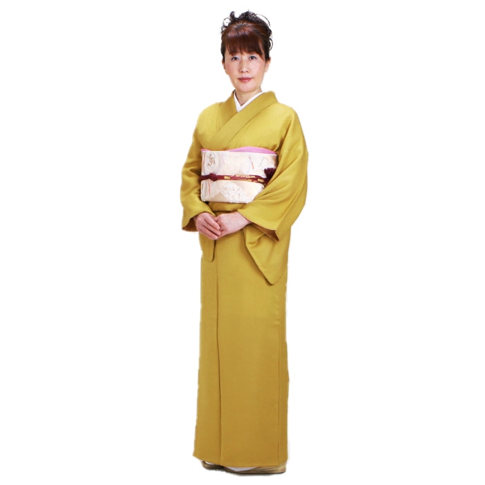 色無地 レンタル 袷 10月～5月向け 高級正絹 からし色 着物 一つ紋 お