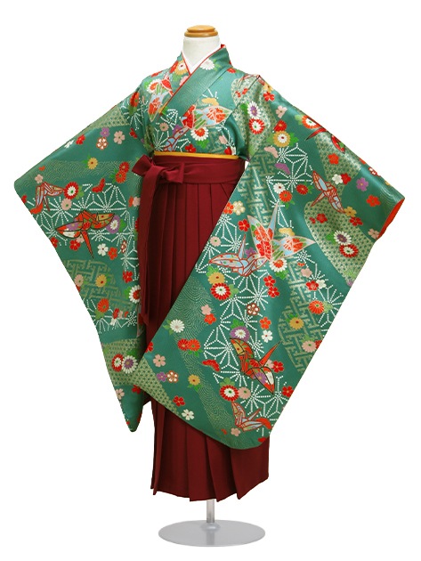 袴 レンタル 女の子/5〜7歳 七五三着物 7歳 七五三着物7歳 緑色/折鶴・花 卒園式 結婚式 NT-袴125|七五三レンタル-女の子