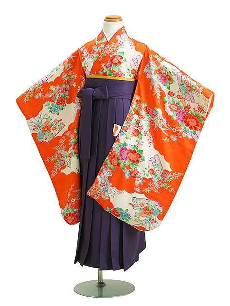 袴 レンタル 女の子/5〜7歳 七五三着物 7歳 七五三着物7歳 朱色/花いかだ小紋 卒園式 結婚式 NT-袴ウ|七五三レンタル-女の子