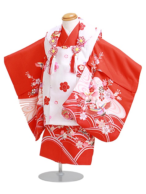 七五三 被布セット レンタル 女の子 3歳 赤色/鶴・花〔身長