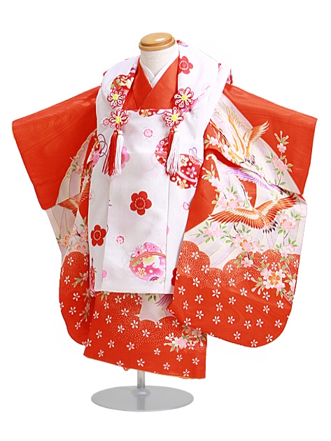 七五三　被布　三歳 七五三(3歳女児被布)4231オフホワイト刺繍菊梅×緑ねじり梅