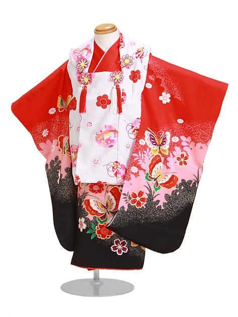 七五三 被布セット レンタル 女の子 3歳 赤黒色/蝶々〔身長：94cm,96cm〕卒園式 結婚式 NT-347-27|七五三レンタル-女の子