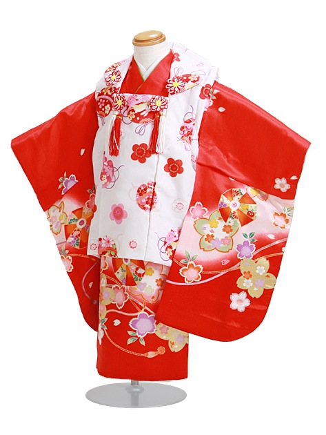 七五三 被布セット レンタル 女の子 3歳 赤色/てまり・桜〔身長：92cm,94cm〕卒園式 結婚式 NT-351-32|七五三レンタル-女の子