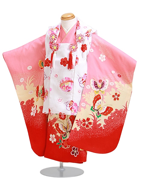 七五三 被布セット レンタル 女の子 3歳 赤ピンク色/蝶々〔身長：92cm,94cm〕卒園式 結婚式 NT-348-34|七五三レンタル-女の子