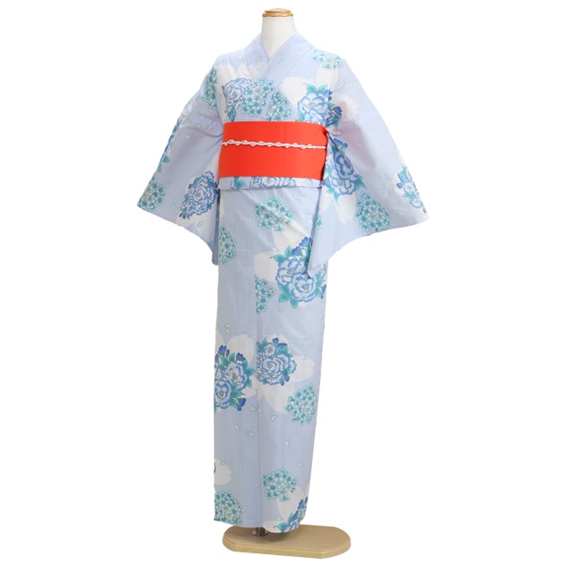 【浴衣 レンタル】レディース 3点セット☆浴衣・帯・下駄☆nt-y023 水色/桜＆花|浴衣レンタル