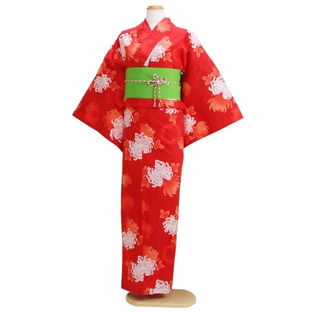 【浴衣 レンタル】レディース 3点セット☆浴衣・帯・下駄☆nt-y025 朱赤色/菊|浴衣レンタル
