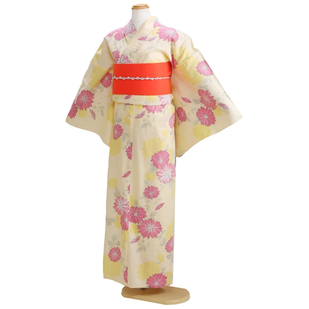 【浴衣 レンタル】レディース 3点セット☆浴衣・帯・下駄☆nt-y029 薄黄色/花|浴衣レンタル