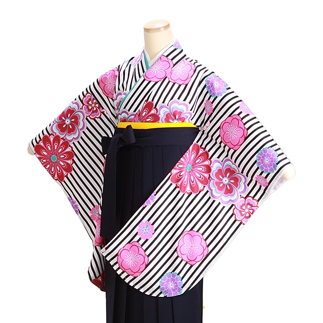 卒業式 袴 レンタル 白黒色 ストライプ 紺袴 身長〜158cm,5号〜11号 NT-304|卒業式 女性袴レンタル