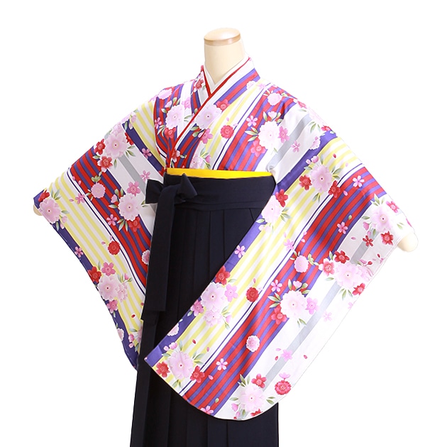 卒業式 袴 レンタル 白色 桜ストライプ 紺袴 身長〜158cm,5号〜11号 NT-305|卒業式 女性袴レンタル