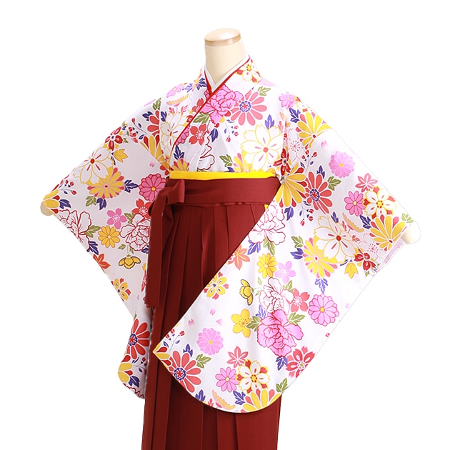 卒業式 袴 レンタル 白地 花柄 エンジ袴 身長〜158cm,5号〜11号 NT-306|卒業式 女性袴レンタル