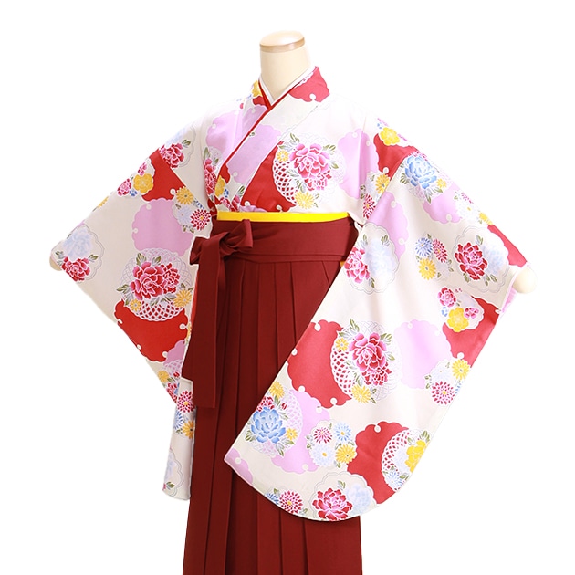 卒業式 袴 レンタル 白色 雪輪に花 エンジ袴 身長〜158cm,5号〜11号 NT-307|卒業式 女性袴レンタル