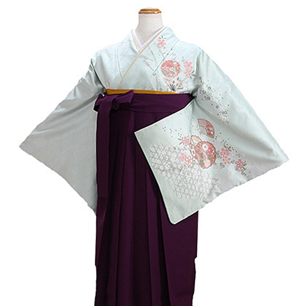 卒業式 袴 レンタル グレーグリーン色/扇面に桜 身長〜160cm,7号〜13号 NT-houmon104|卒業式 女性袴レンタル