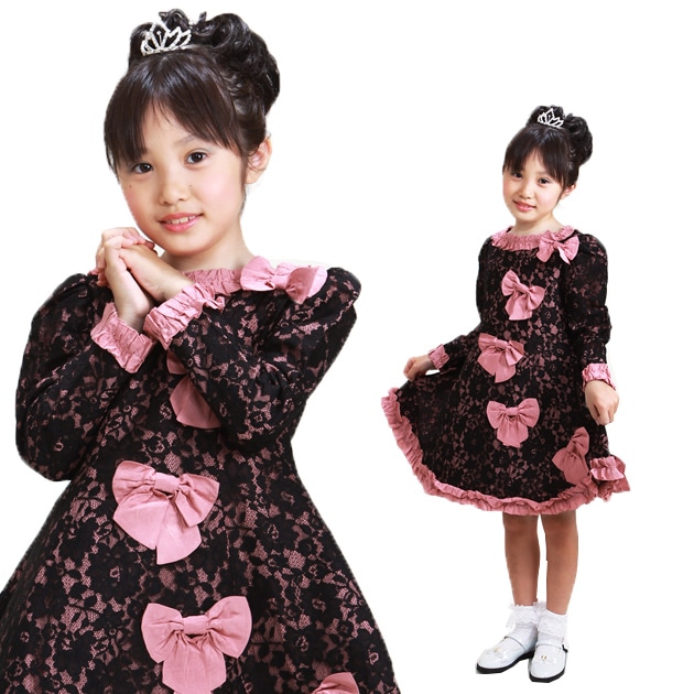 子供 ドレス レンタル 7～8才 黒ピンク色 長袖 ej344 | 子供ドレス