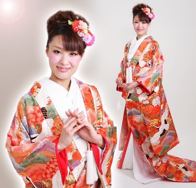 打掛 レンタル 色打掛 赤色 雲取彩松草花に鶴 NT-714 送料無料 色打掛レンタル 赤色（パステル調）/雲取彩松草花に鶴 NT-714 | 色打掛