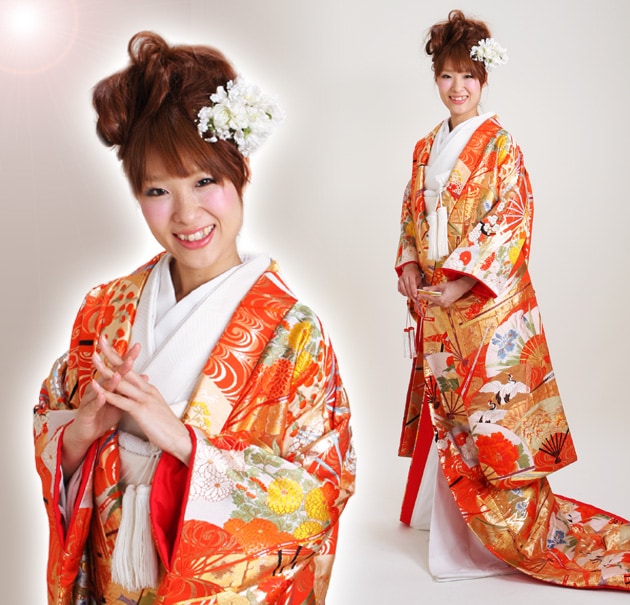 打掛 レンタル 色打掛 朱色 扇面鶴 NT-175 送料無料 色打掛レンタル 朱色/扇面鶴 NT-175 | 色打掛レンタル | | 花嫁衣裳.com