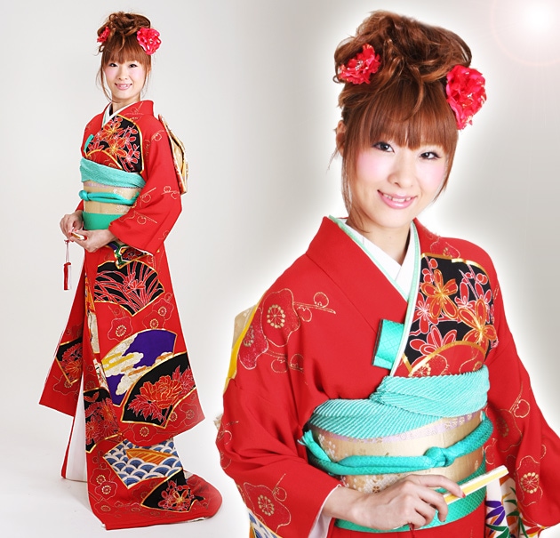 引き振袖レンタル 赤色/梅に扇面 NT-117 | 引き振袖レンタル | | 花嫁