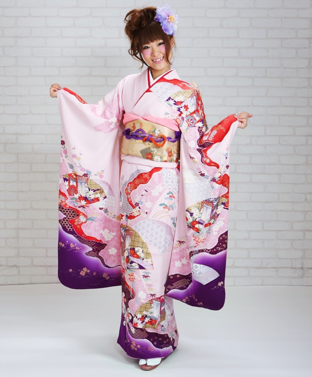 振袖 2月〜12月使用 振袖 レンタル ピンク色 御所車扇面梅もみじ NT-104 送料無料 振袖 レンタル ピンク色/御所車扇面梅もみじ 結婚式 成人式 結納 NT
