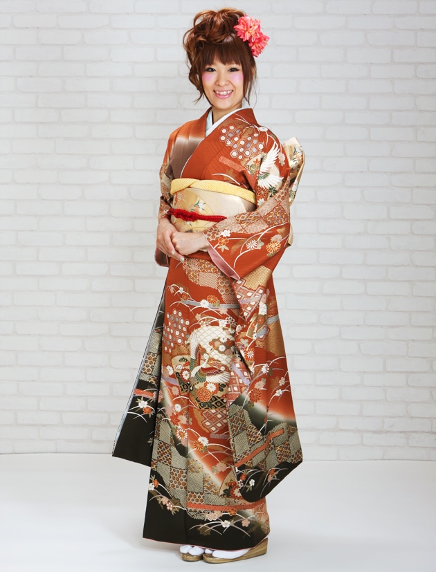 振袖 2月〜12月使用 振袖 レンタル オレンジ・薄茶色 鶴・扇面・四季花 NT-122 送料無料 振袖 レンタル オレンジ・薄茶色/鶴・扇面・四季花 結婚式 成人式 結納