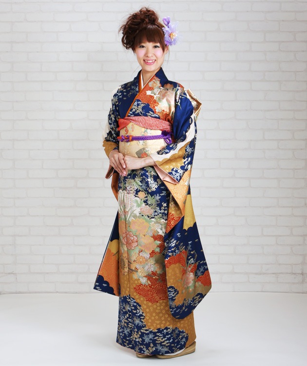 振袖 2月〜12月使用 振袖 レンタル 紺色 花車に雲取 NT-152 送料無料 振袖 レンタル 紺色/花車に雲取 結婚式 成人式 結納 NT-152 | 振袖