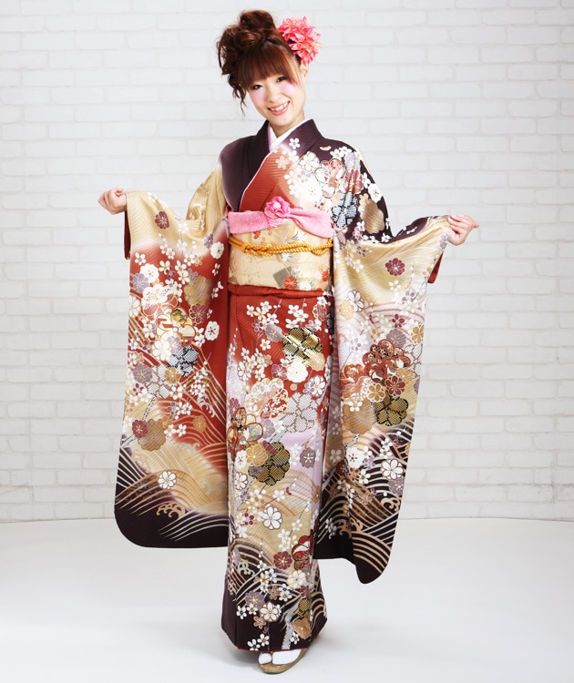 振袖 2月〜12月使用 振袖 レンタル 紫・からし色 波におしどり花 NT-126 送料無料 振袖 レンタル 紫・からし色/波におしどり花 結婚式 成人式 結納 NT