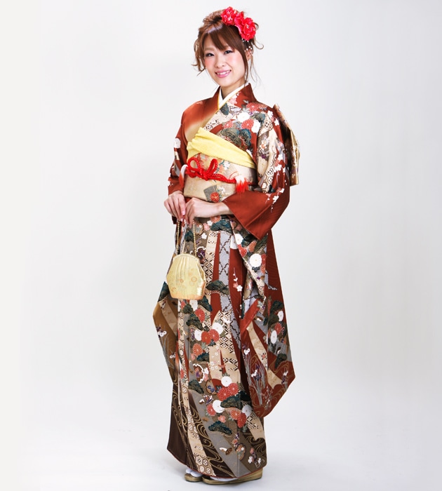 成人式 1月使用 振袖 レンタル レンガ色 熨斗に花 NT-161-sei 送料無料 振袖 レンタル レンガ色/熨斗に花 結婚式 成人式 結納 NT-161 | 振袖