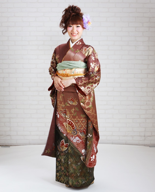振袖 2月〜12月使用 振袖 レンタル 茶・エンジ色 蝶 NT-176 送料無料 043000000042.jpg