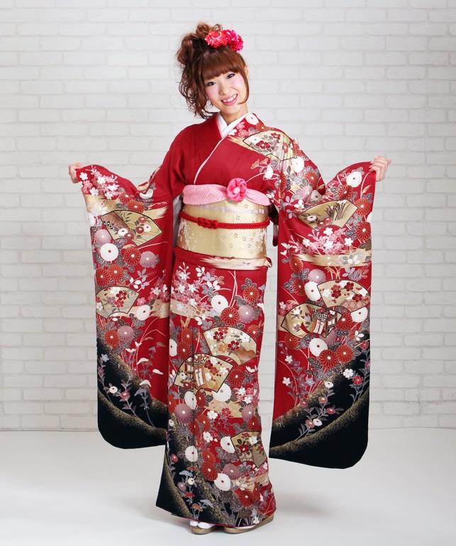 振袖 2月〜12月使用 振袖 レンタル 赤色 扇面に御所車四季花 NT-200 送料無料 振袖 レンタル 赤色/扇面に御所車四季花 結婚式 成人式 結納 NT-200