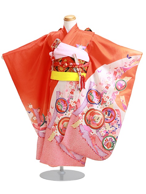 七五三 レンタル 女の子/5〜7歳 七五三着物 7歳 七五三着物7歳 朱色/たんざく小紋 卒園式 結婚式 NT-106|七五三レンタル-女の子