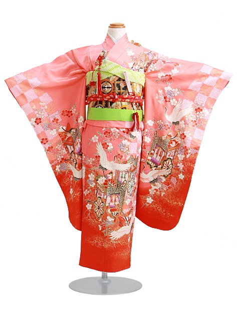 七五三 レンタル 女の子/5〜7歳 七五三着物 7歳 七五三着物7歳 朱色/御所車鶴 卒園式 結婚式 NT-123|七五三レンタル-女の子