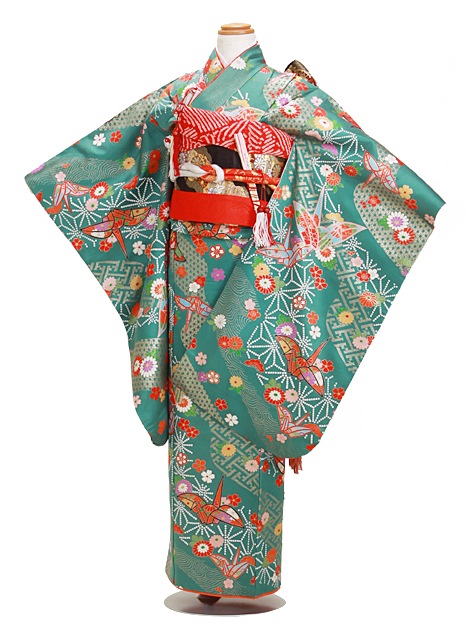 七五三 レンタル 女の子/5〜7歳 七五三着物 7歳 七五三着物7歳 緑色/折鶴・花 卒園式 結婚式 NT-125|七五三レンタル-女の子