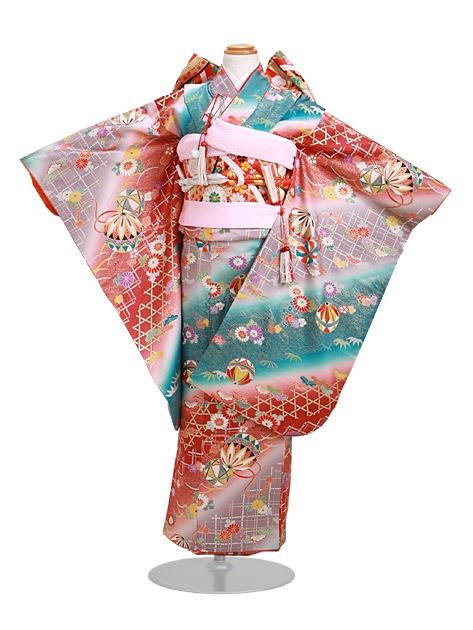 七五三 レンタル 女の子/5〜7歳 七五三着物 7歳 七五三着物7歳 緑ピンク色/てまり・花 卒園式 結婚式 NT-128|七五三レンタル-女の子