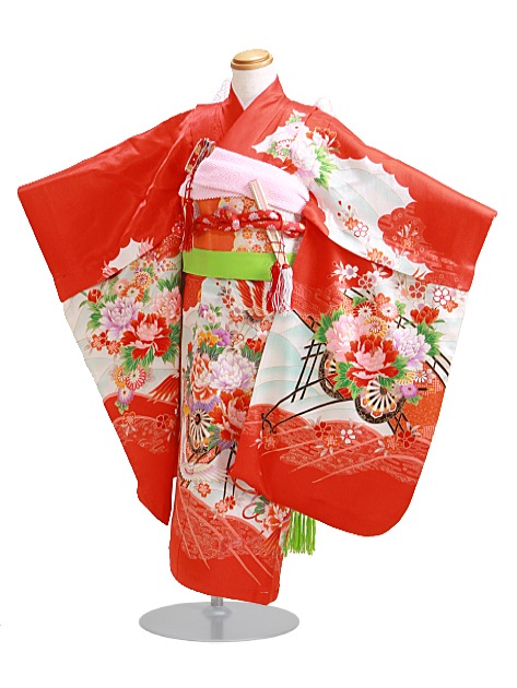 七五三 レンタル 女の子/5〜7歳 七五三着物 7歳 七五三着物7歳 朱色/花車・鶴 卒園式 結婚式 NT-111|七五三レンタル-女の子
