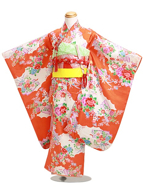 七五三 レンタル 女の子/5〜7歳 七五三着物 7歳 七五三着物7歳 朱色/花いかだ小紋 卒園式 結婚式 NT-ウ|七五三レンタル-女の子