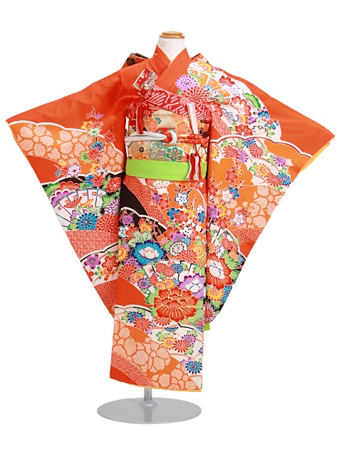 七五三 レンタル 女の子/5〜7歳 七五三着物 7歳 七五三着物7歳 朱色/扇面 卒園式 結婚式 NT-ミ|七五三レンタル-女の子